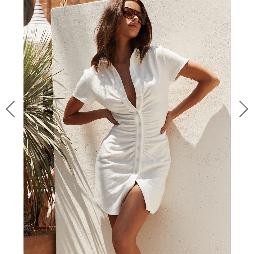 white ruched terry cloth mini dress